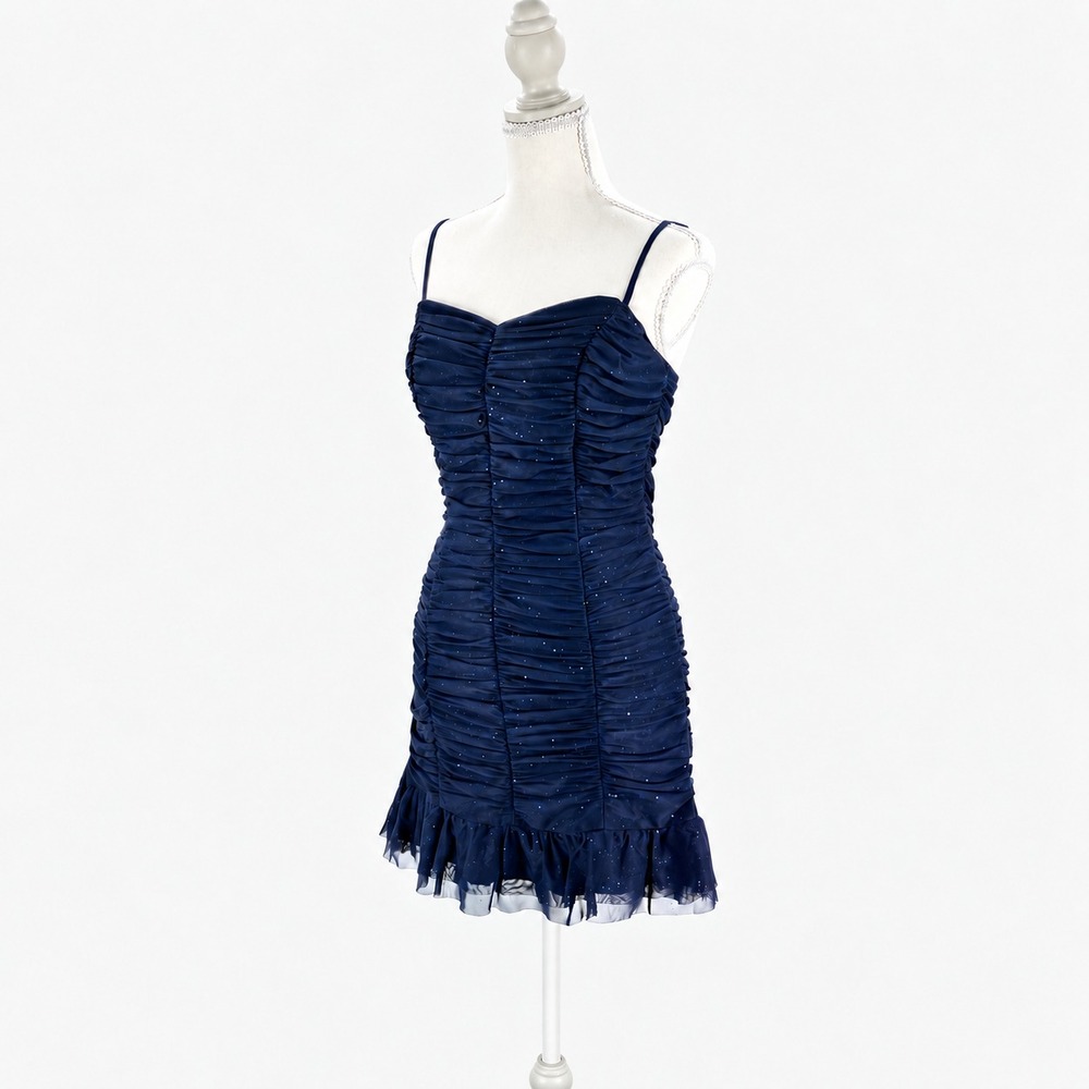 Crystal Doll Y2K Navy Glitter Ruched Bodycon Mini Dress Jr Sz M Homecoming